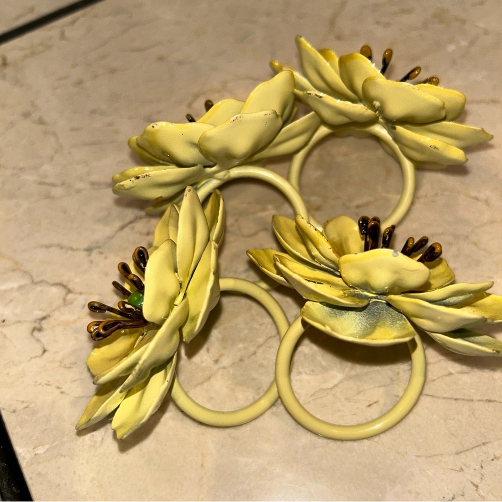 4 Large Yellow Flower Metal and Enamel Napkin Rings-Pier 1